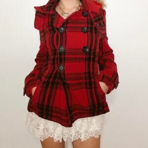 Y2k ymi red and black plaid pea coat